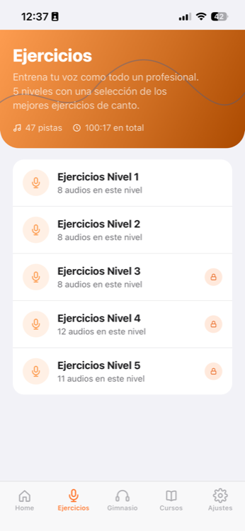 Pantalla de selección de nivel con Ejercicios Nivel 1 a 5 en Entrenador Vocal