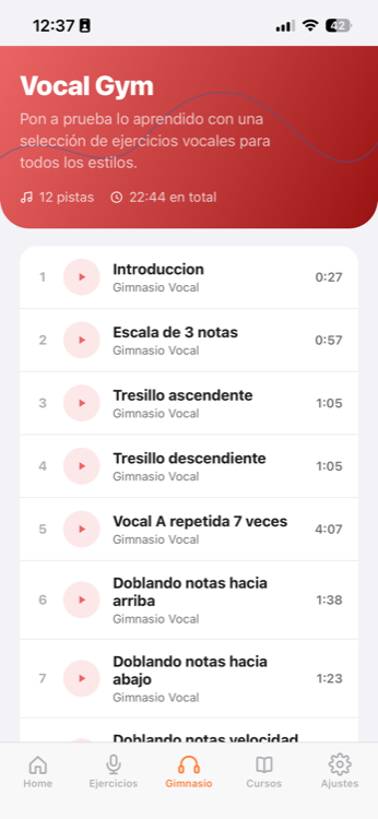 Pantalla de Vocal Gym con lista de pistas para poner a prueba lo aprendido
