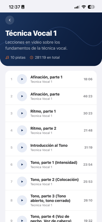 Curso en video Técnica Vocal 1 con lecciones sobre afinación, ritmo y tono