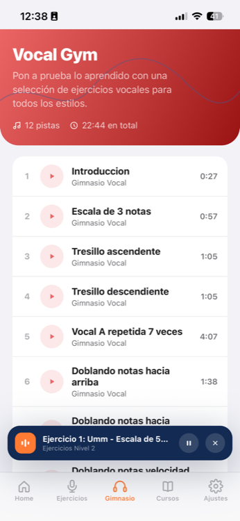 Vocal Gym reproduciendo un ejercicio con mini reproductor activo